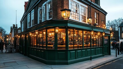 Corner pub with green exterior, warmly lit from within, evening ambiance of a traditional establishment, inviting and atmospheric night scene