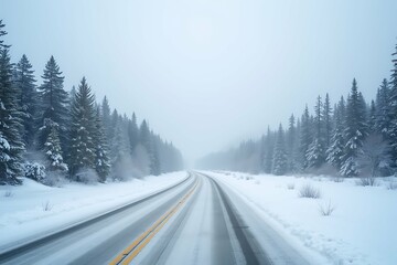 Snowy and frozen mountain road in winter landscape.