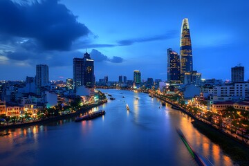 Illuminated Cityscape with a River and Tall Buildings at Dusk