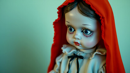 Vintage bisque doll with red hood - classic collectible figurine for display or gift