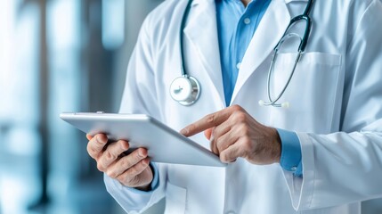 A physician discussing the patients treatment options while referring to digital records on a tablet.