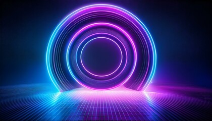 Naklejka premium neon portal in purple and blue, shaped like a magical geometric circle, surrounded by a glowing round frame, resembling a futuristic teleporter with dynamic light