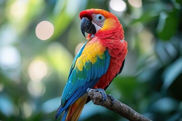 Obraz premium Scarlet macaw perched on branch in lush green forest