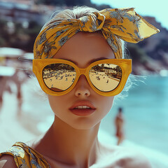  1970, a woman on the beach with iversized sunglasses and a headband in monte carlo 