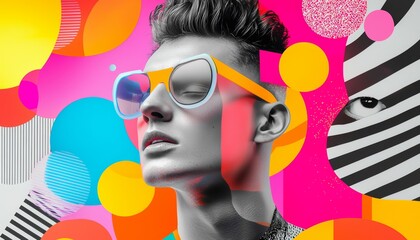 A pop-art-inspired collage that uses bold shapes, neon accents, and a partial portrait to create a vibrant, abstract scene.