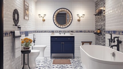 A beautifully decorated bathroom with patterned tiles, a modern vanity, and elegant lighting fixtures.
