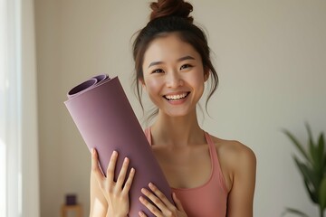 Beautiful Asian woman holding yoga mat