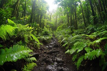 Hiking trail winding through lush tropical rainforest greenery