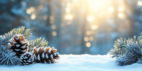 Pine cones on snow with bokeh background in winter forest. Winter scene.