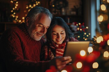 Happy senior couple using digital tablet on christmas eve