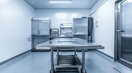 Clean and sterile interior of a morgue, with stainless steel tables and modern equipment, emphasizing professionalism and hygiene