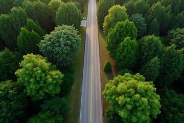 Aerial view from above of country road through the green summer forest in summer drone photography