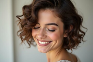 Photo of a beautiful woman with brown curly hair and a sweet smile