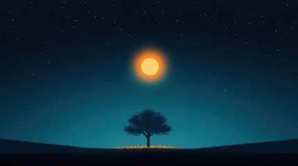 Fototapeta premium Lonely tree under a bright moon in a serene twilight sky.