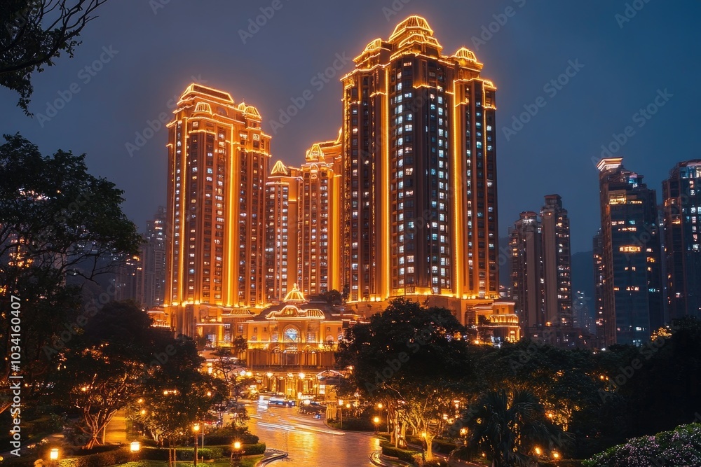 Wall mural luxury hotel complex illuminated at night showing modern architecture