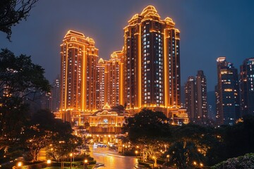 Obraz premium Luxury hotel complex illuminated at night showing modern architecture