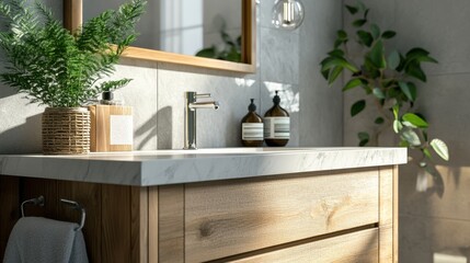 A beautifully designed bathroom with a wooden vanity, marble countertop, and decorative plants for a natural touch.