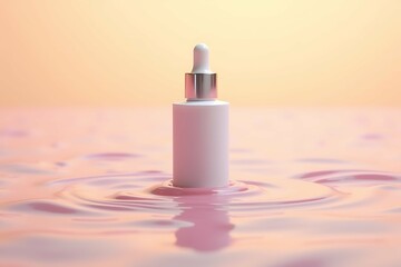 The bottle of moisturizing serum stands in the water waves on the pink-yellow background.