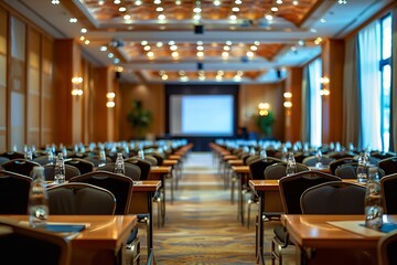 Fototapeta premium The conference room is meticulously arranged with tables and chairs, ready for attendees and featuring a presentation screen in front
