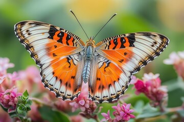 Obraz premium Beautiful butterfly opening wings on flowers background