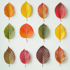 Obraz premium This image showcases twelve diverse autumn leaves in a perfect grid arrangement against a clean white backdrop, offering a vibrant study of autumn's natural beauty.