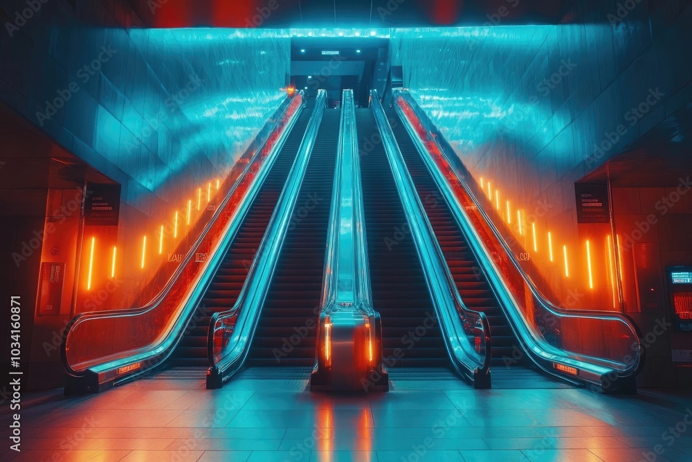 Poster Three empty escalators going up in modern building illuminated in blue and orange