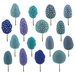 Set with drawn trees. Modern creative design. Vector illustration.