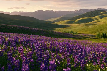 A Stunning Valley of Vibrant Purple Flowers Underneath Majestic Mountains at Sunset – A Nature Lover's Paradise