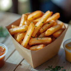  delicious crispy french fries on a delivery container 