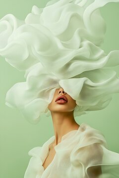 Minimalist fashion photography of a model with flowing white fabric obscuring her face, creating an avant-garde and ethereal couture look