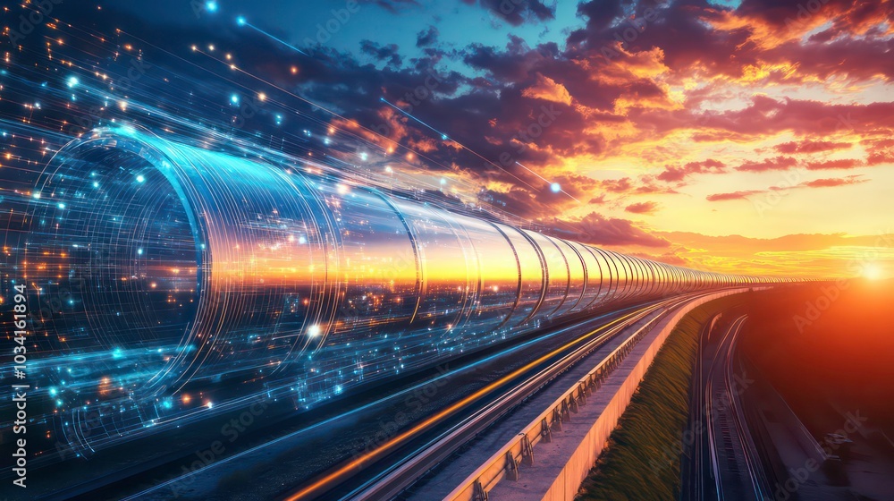 Wall mural futuristic high-speed train with glowing digital data streaks moving through a sunset sky.