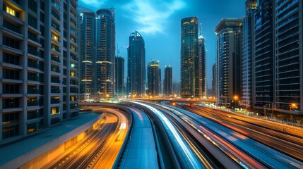 Fototapeta premium Stunning night view of modern skyscrapers and busy highways in Dubai