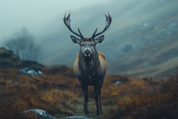 Fototapeta premium Majestic red deer stag standing in a misty highland landscape
