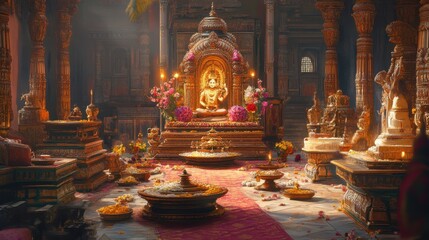 Fototapeta premium A beautifully detailed depiction of a Hindu temple ceremony, with intricate decorations and religious offerings.