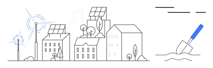 Buildings with solar panels and wind turbines on rooftops. Trees and trowel visible. Ideal for sustainability, renewable energy, urban planning, eco-friendly living, environmental conservation