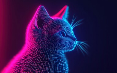 Neon wireframe cat portrait against a dark background, vibrant and futuristic design.