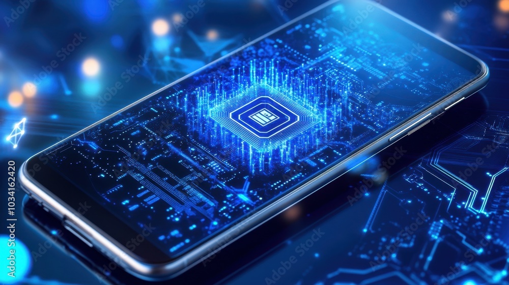 Poster close-up of a smartphone screen displaying an ai chip, with a blue digital tech background highlight