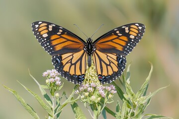 Obraz premium Monarch butterfly for educational and nature conservation imagery. Monarch butterfly on wildflowers in natural habitat, monarch butterfly close-up on blooming plant
