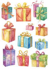 A vibrant collection of colorful gift boxes with bows, perfect for celebrations and special occasions, isolated on a white background.
