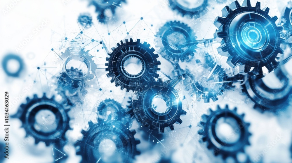Poster close-up of interlocking gears and cogs in motion, combined with digital overlays, representing mode