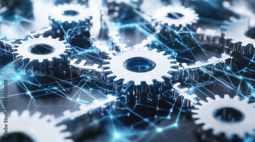 Poster close-up of interlocking gears and cogs in motion, combined with digital overlays, representing mode