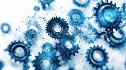 Close-up of interlocking gears and cogs in motion, combined with digital overlays, representing modern tech engineering on a white backdrop