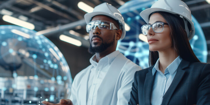 Diverse Team of Engineers in Hard Hats Look at Hologram
