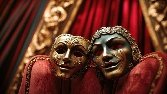 Close-up of traditional comedy and tragedy masks, iconic symbols of drama and theater, set against a rich, textured stage backdrop