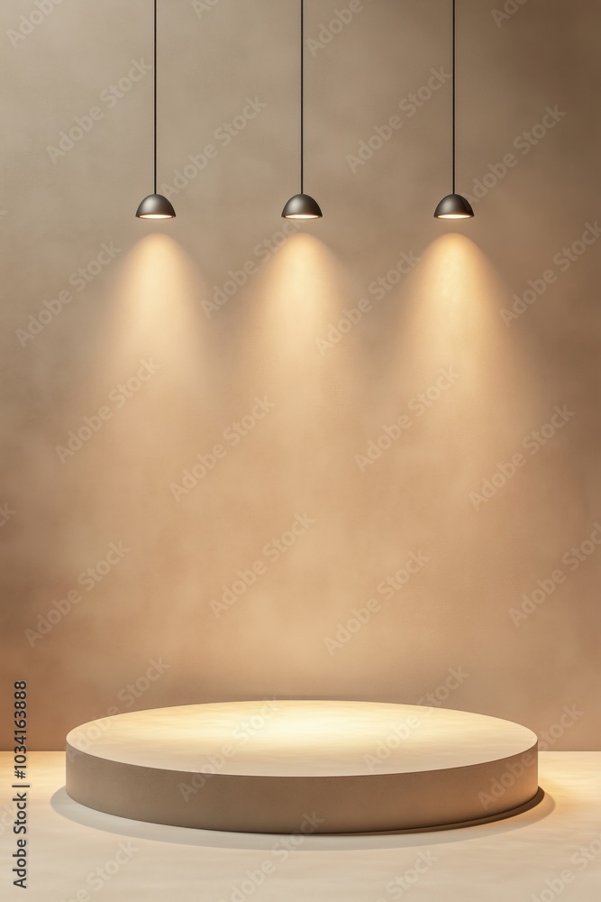 Poster minimalist circular podium illuminated by soft lighting against a beige backdrop. generative ai