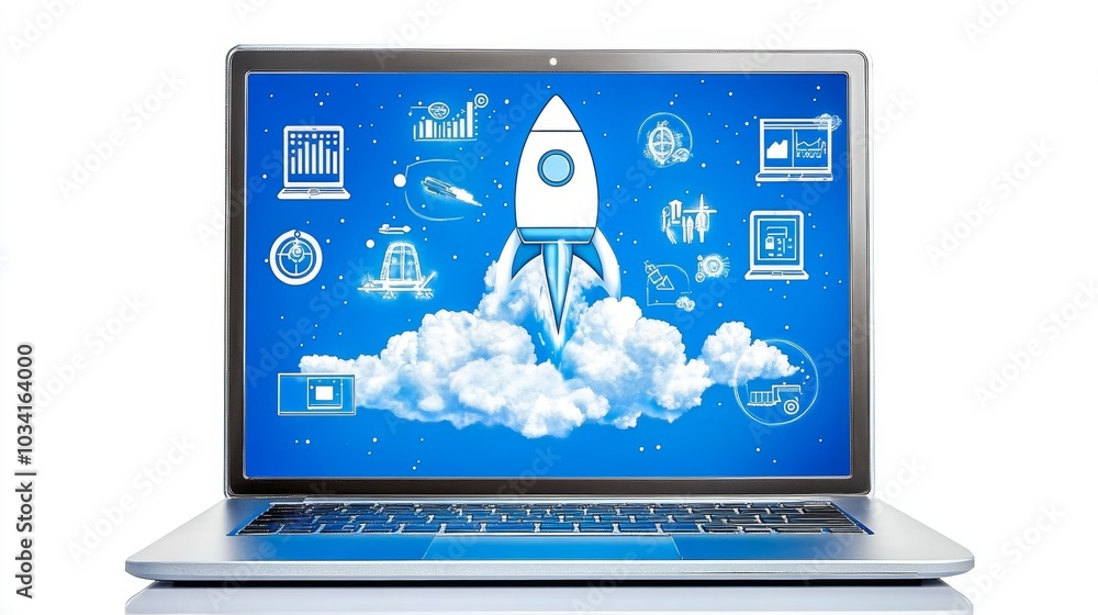 Poster laptop screen with rocket launch and cloud computing icons