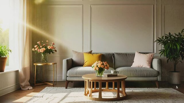 living room interior with flowers in the morning.Seamless 4k time lapse virtual video animation