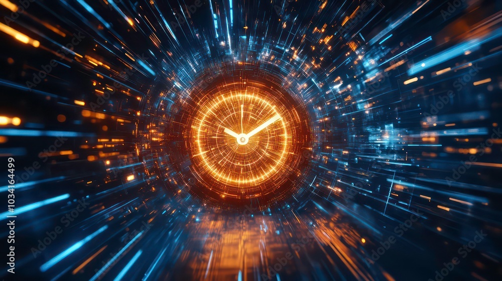Poster a glowing clock face inside a tunnel of light streaks, representing the flow of time.