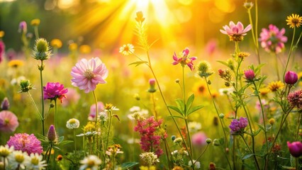 Fototapeta premium A vibrant wildflower meadow bathed in the warm glow of a setting sun, a picturesque display of nature's beauty