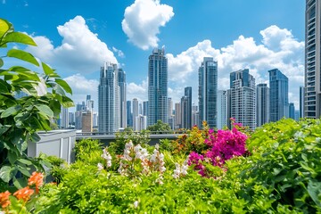 Lush Greenery and Flowers Blooming in Front of a City Skyline